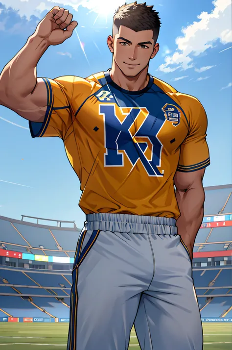 Draw a full-fledged athlete，Stand on the central field of the gym，He wears high-end sportswear，The man looks confident and determined，rays of sunshine，cheerful big breasts，Handsome，Crew cut，full bodyesbian，shooting from below，