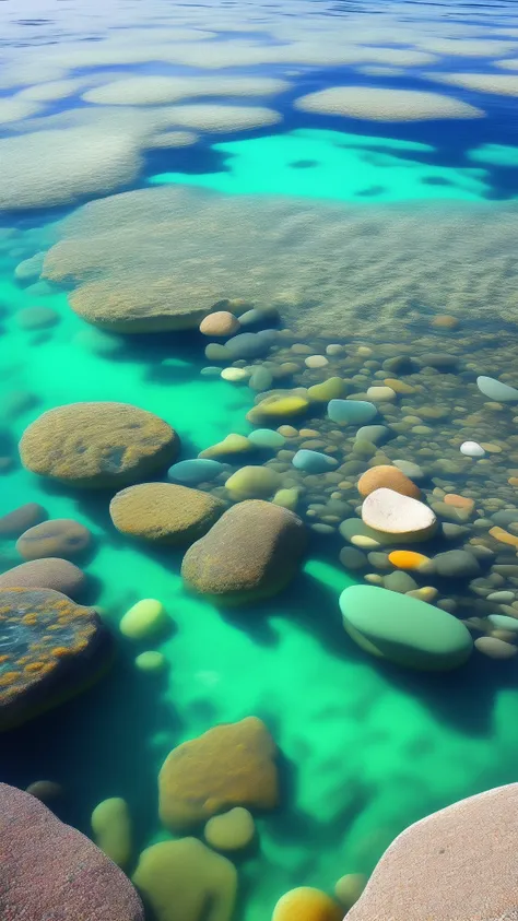 Beach close-up，There are a lot of stones and pebbles, Magical beach, Sea glass, Beautiful rainbow colors, Beautiful colors, beautiful opalescent colours, glistening seafoam, breathtaking colors, with beautiful colors, serene colors, startling colors, Beaut...