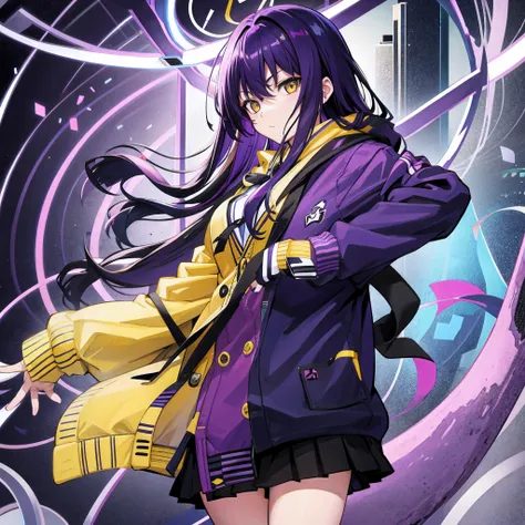 high school student,purple color  hair,yellow  eyes,Navy blue cardigan、No handle