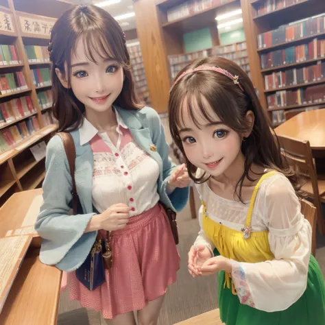 Girl lost in library labyrinth、Happy face、Chiffon skirt、Detailed, precise, and cute face、