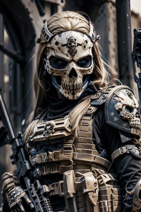 blonde barbie, cute, girly, skull mask, armor, army, holding weapon, thedeathsquad