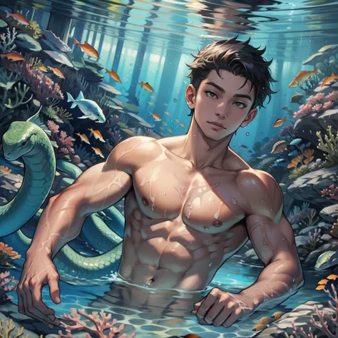 A boy swims at the bottom of the sea，Raised sexy，serpent