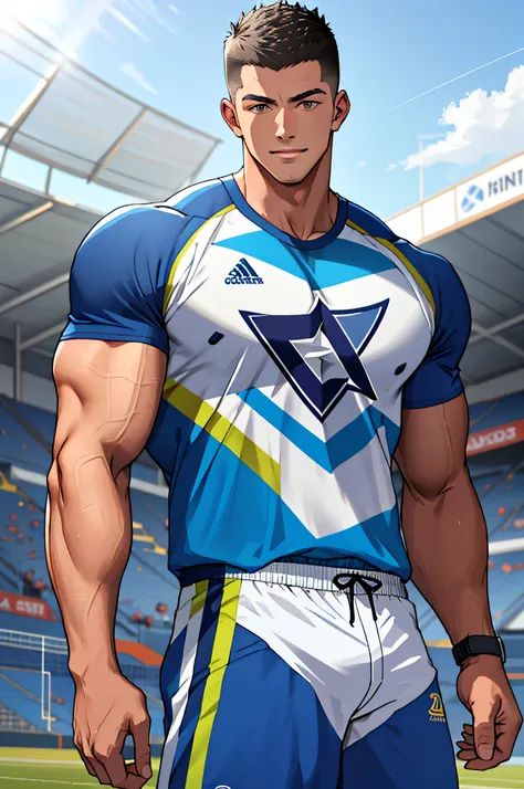 Draw a full-fledged athlete，Stand on the central field of the gym，He wears high-end sportswear，The man looks confident and determined，rays of sunshine，cheerful big breasts，Handsome，Crew cut，full bodyesbian，shooting from below，