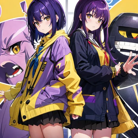 high school student,purple color  hair,yellow  eyes,Navy blue cardigan、No handle