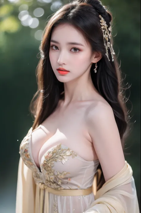 ((Best Quality, 8k, Masterpiece: 1.3)), Focus: 1.2, Perfect Body Beauty: 1.4, Buttocks: 1.2, ((Layered Haircut)), (Wet Clothes: 1.1), (Rain, Street:1.3), (Breasts: 1.2), (Hanfu: 1.2), Bare Shoulders, Bare Legs, Highly Detailed Face and Skin Texture, Fine E...