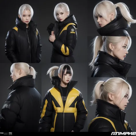 Black Themes，Masterpiece,Best quality,offcial art,Extremely detailed Cg Unity 8K wallpaper,1girll, joy, Anger and sadness on various expressions，Single ponytail hairstyle，Glowing fist，Mechanical headphones，（（（Yellow combat uniform））），a black cloak，Hand-hel...