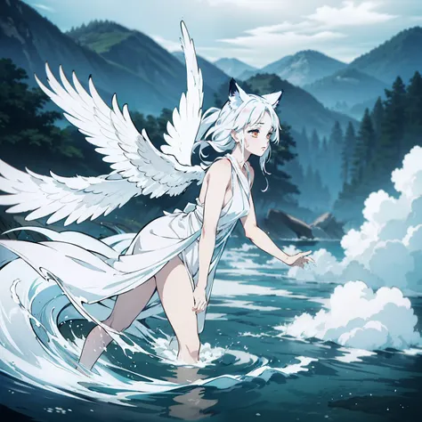 a beautiful and ethereal fox spirit dressed in a flowing white Chinese robe. The image captures the fox spirit standing gracefully on the waters surface, surrounded by white clouds and mist that lend an otherworldly quality to the scene. The fox spirits lo...