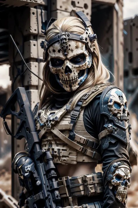 blonde barbie, cute, girly, skull mask, armor, army, holding weapon, thedeathsquad