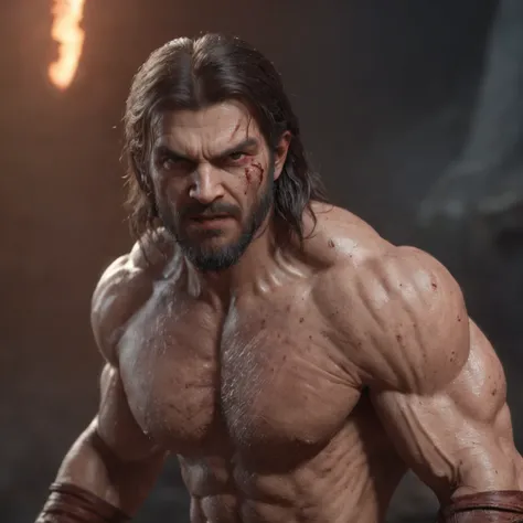 (professional 3d render:1.3) af (Realistic:1.3) most beautiful artwork photo in the world，Features soft and shiny male heroes, ((Epic hero fantasy muscle man rough wet hero angry looking long hair short beard and ferocious expression in dynamic pose, Fanta...