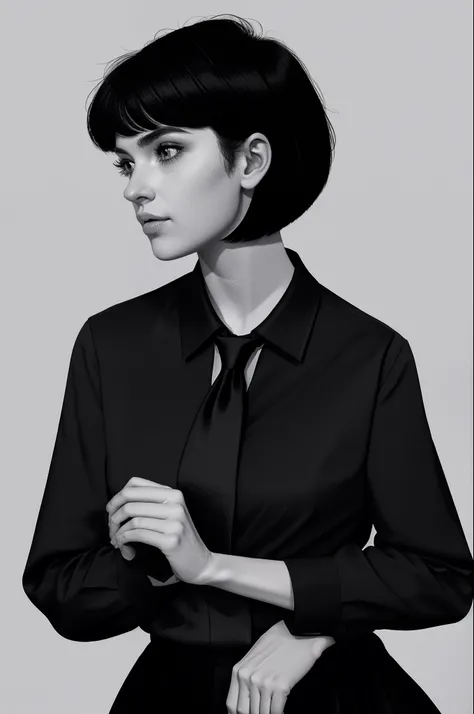 a 1girl, body complet, very detail, a lot of details, very extremely beautiful,  ((tmasterpiece, minimalism)), (Short Hair Hair), black necktie, Red shirt, bright colours, looks into the distance,