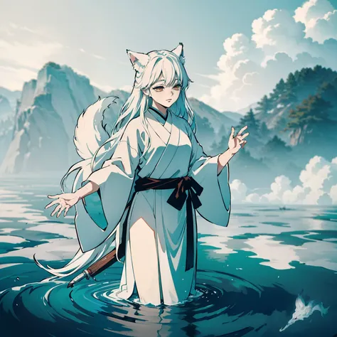 a beautiful and ethereal fox spirit dressed in a flowing white Chinese robe. The image captures the fox spirit standing gracefully on the waters surface, surrounded by white clouds and mist that lend an otherworldly quality to the scene. The fox spirits lo...