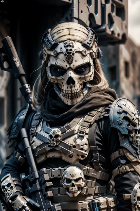 blonde barbie, cute, girly, skull mask, armor, army, holding weapon, thedeathsquad