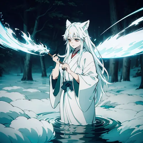 a beautiful and ethereal fox spirit dressed in a flowing white Chinese robe. The image captures the fox spirit standing gracefully on the waters surface, surrounded by white clouds and mist that lend an otherworldly quality to the scene. The fox spirits lo...