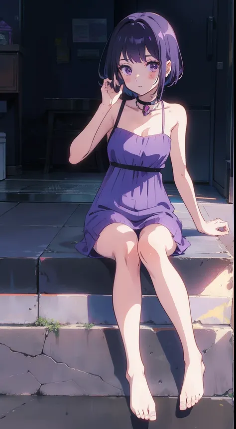 1girll，Anime character Su Tao，Short lilac hair，Purple dress，The barefoot，Foot details，nudegirl