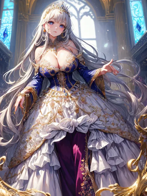 (masterpiece, best quality,extremely detailed,moe anime art style:1.2),1girl, (solo), cute, kawaii,digital art,((1 bling-bling anime princess wearing beautiful embroidery and jeweled gorgeous princess ballgown with voluminous full length hoop skirt)),((cri...