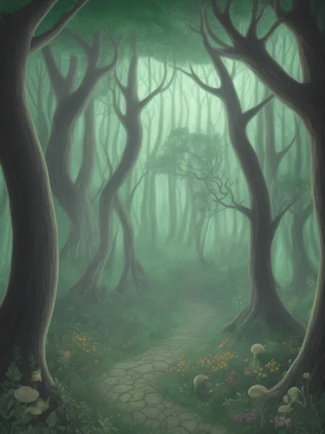 magical forest　Slightly darker　picture book-style　illustratio