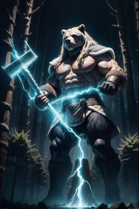 grizzly bear dresed in viking clothes like thor god, holding the big hammer, unleadhing the power of lighning. highly detailed, ...