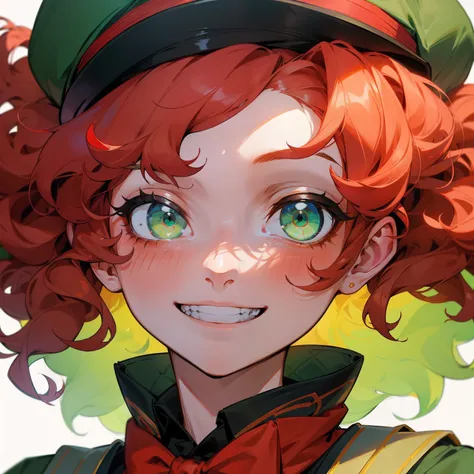 curly hair, redheadwear, Green eyes, schoolboy, grin, 8k, super detail, textured skin, high details