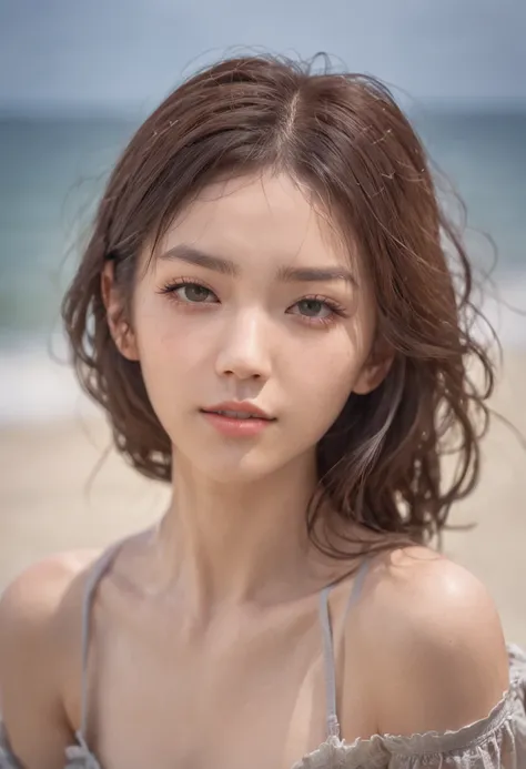 Best quality, masterpiece, ultra high res, (photorealistic:1.4), raw photo, 1girl, offshoulder, at the beach, deep shadow, High key, realistic skin, wet hair, intricate light, masterpiece, sunset, messy hair because of wind, blue bikini, japanese teen,