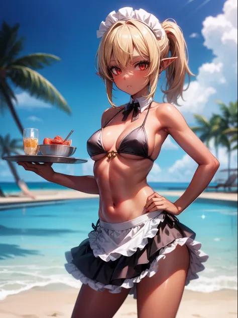 1girl,solo,blonde hairs,low ponytail, red eyes,black skin ,maid bikini,maid skirt, tray in hand,poolside,beach chair,standing,pointy ears,hand on hip,cowboy  shoot,