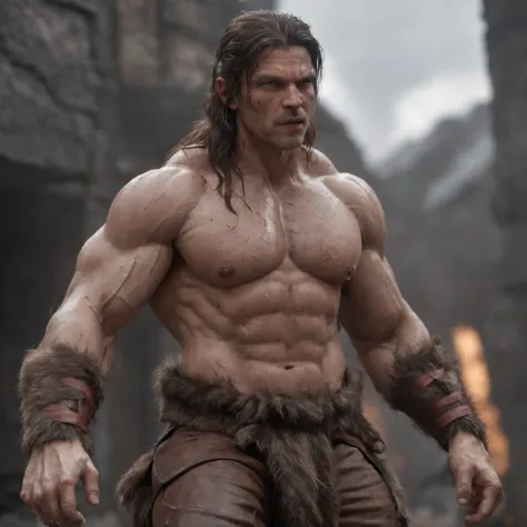 (professional 3d render:1.3) af (Realistic:1.3) most beautiful artwork photo in the world，Features soft and shiny male heroes, ((Epic hero fantasy muscle man rough wet hero angry looking long hair short beard and ferocious expression in dynamic pose, Fanta...