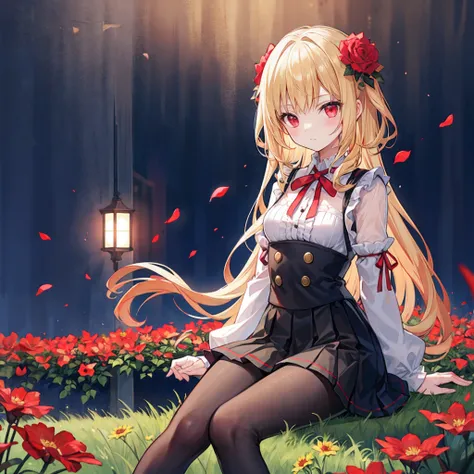 Wavy blonde、Red ribbons、red eyes、Beautiful girl alone、a miniskirt、Black tights、flower  field、sitting on、