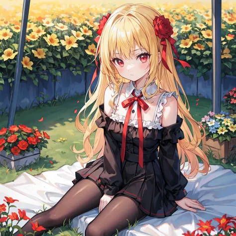 Wavy blonde、Red ribbons、red eyes、Beautiful girl alone、a miniskirt、Black tights、flower  field、sitting on、