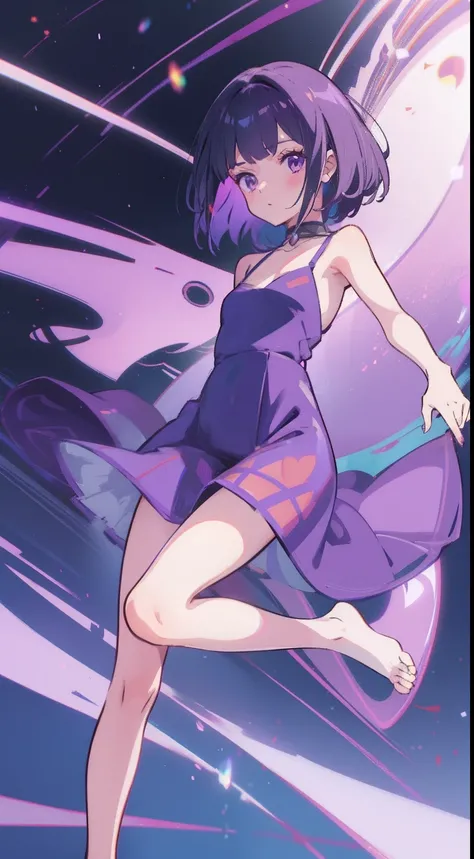 1girll，Anime character Su Tao，Short lilac hair，Purple dress，The barefoot，Foot details，nudegirl