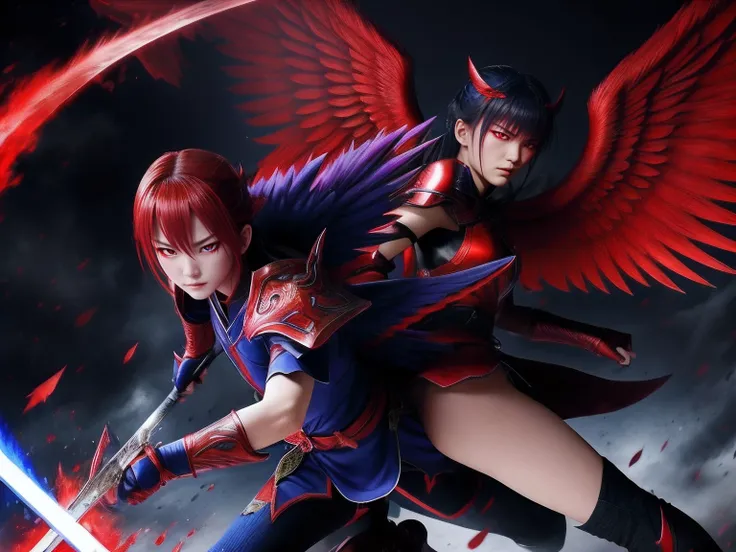 angel and demon、Fierce duel、Tremendous red and blue aura、Injury、