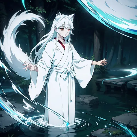 a beautiful and ethereal fox spirit dressed in a flowing white Chinese robe. The image captures the fox spirit standing gracefully on the waters surface, surrounded by white clouds and mist that lend an otherworldly quality to the scene. The fox spirits lo...