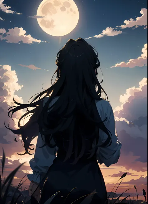 Masterpiece, best quality, night, hills, clouds, full moon, long hair, woman, silhouette, firefly.