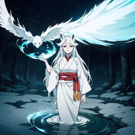 a beautiful and ethereal fox spirit dressed in a flowing white Chinese robe. The image captures the fox spirit standing gracefully on the waters surface, surrounded by white clouds and mist that lend an otherworldly quality to the scene. The fox spirits lo...