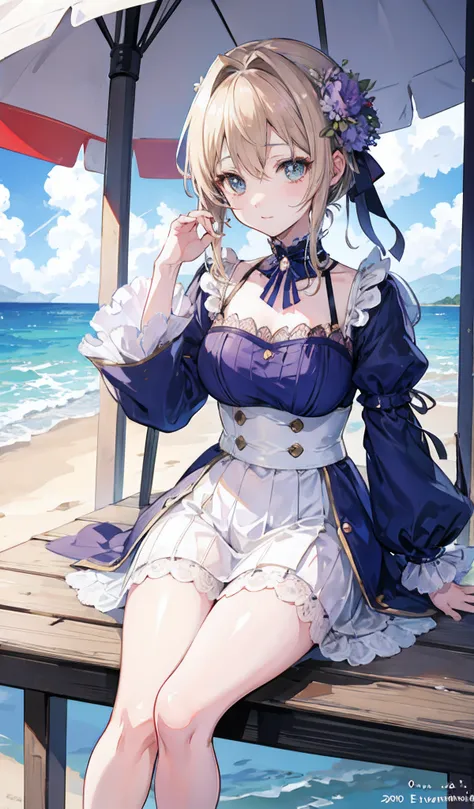 A Shōjo cute anime girl sit alongside a beach. Highly detailed. High quality design, "Violet evergarden" drawing style