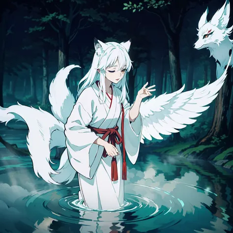 a beautiful and ethereal fox spirit dressed in a flowing white Chinese robe. The image captures the fox spirit standing gracefully on the waters surface, surrounded by white clouds and mist that lend an otherworldly quality to the scene. The fox spirits lo...