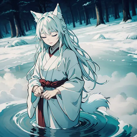 a beautiful and ethereal fox spirit dressed in a flowing white Chinese robe. The image captures the fox spirit standing gracefully on the waters surface, surrounded by white clouds and mist that lend an otherworldly quality to the scene. The fox spirits lo...