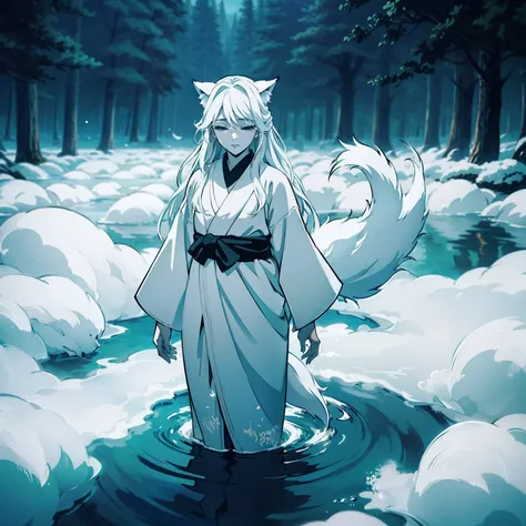 a beautiful and ethereal fox spirit dressed in a flowing white Chinese robe. The image captures the fox spirit standing gracefully on the waters surface, surrounded by white clouds and mist that lend an otherworldly quality to the scene. The fox spirits lo...