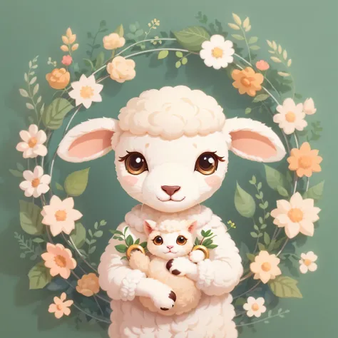 Anthropomorphic （sheeps）,Cute,Hoops, plant, Holding a kitten in both hands.,Vector illustration, Flat illustration, illustration, 。.。.ai, trending on artstationh, Popular in dribbling, cozy wallpaper, Intricate, High quality, soothing tones, Intricate deta...