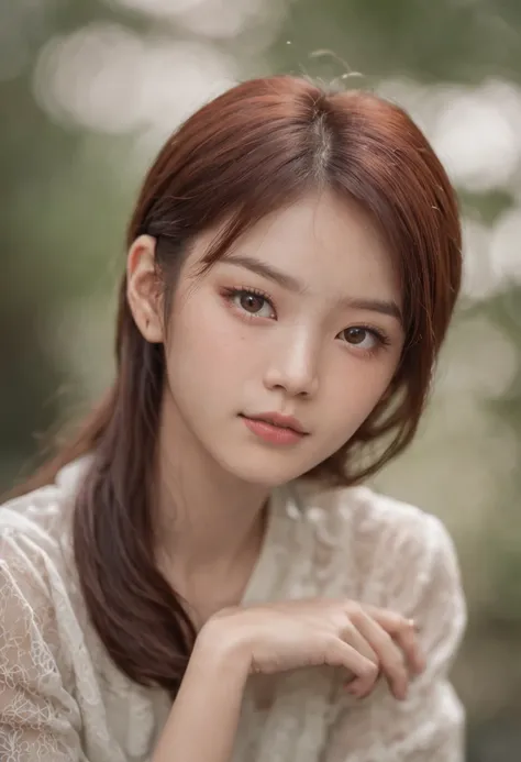 An 18-year-old Chinese boy，Starry eyes，Short reddish-brown hair，Close-up of the shot