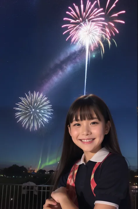 A smile、hi-school girl、校服、shortsleeves、Disney land、While doing fireworks、starrysky、Aurora