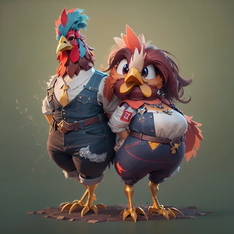 there are two chickens that are standing next to each other, medium shot of two characters, character design contest winner, 3d render stylized, highly detailed characters, stylized 3d render, highly detailed character design, game character design, styliz...