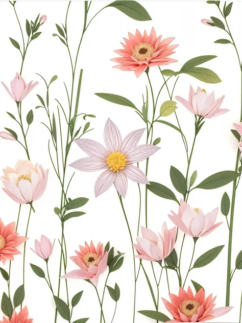 White background with colorful flowers and leaves, pastel floral background, garden flowers pattern, colorful floral flowers, delicate garden on paper, delicate designs,