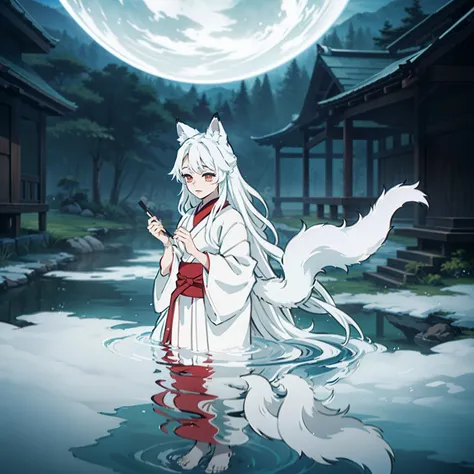 a beautiful and ethereal fox spirit dressed in a flowing white Chinese robe. The image captures the fox spirit standing gracefully on the waters surface, surrounded by white clouds and mist that lend an otherworldly quality to the scene. The fox spirits lo...