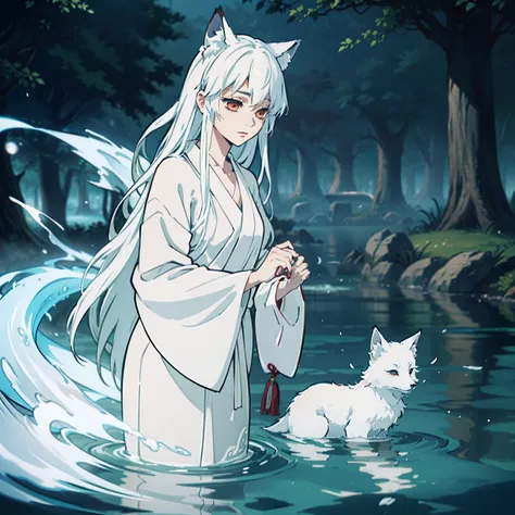 a beautiful and ethereal fox spirit dressed in a flowing white Chinese robe. The image captures the fox spirit standing gracefully on the waters surface, surrounded by white clouds and mist that lend an otherworldly quality to the scene. The fox spirits lo...