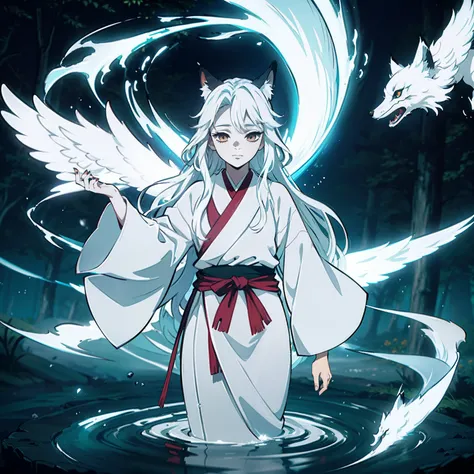 a beautiful and ethereal fox spirit dressed in a flowing white Chinese robe. The image captures the fox spirit standing gracefully on the waters surface, surrounded by white clouds and mist that lend an otherworldly quality to the scene. The fox spirits lo...