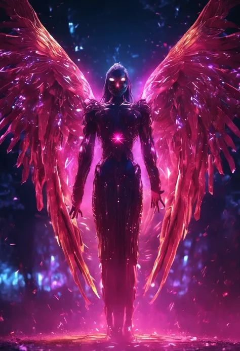 cosmic fallen angel, glowy eyes, biomechanical, eerie, creepy, nightmarish, very bright colors, light particles, bioluminescence, Mschiffer, wallpaper art, UHD wallpaper