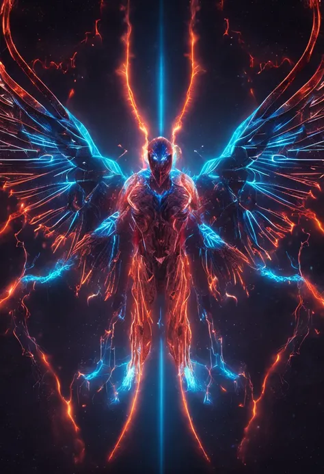 cosmic fallen angel, glowy eyes, biomechanical, eerie, creepy, nightmarish, very bright colors, light particles, bioluminescence, Mschiffer, wallpaper art, UHD wallpaper