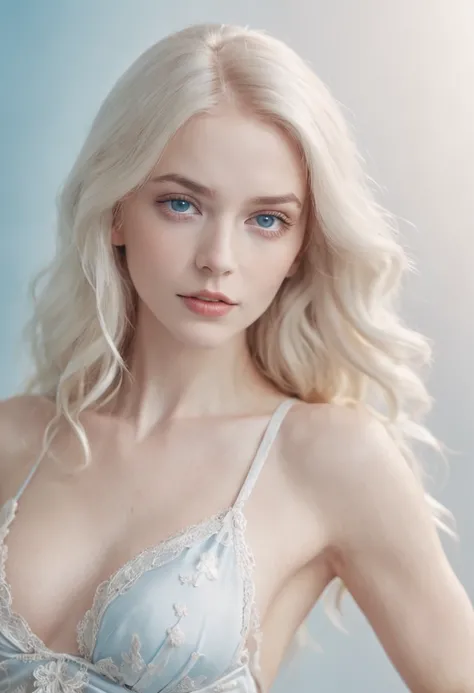 Blonde woman with blue eyes and white bra top poses for photo, wear hot bikini, full body photo, pale bluish skin, inspired by ana de armas, ethereal beauty, color portrait, beautiful pale makeup, pale blue eyes, pastel blue eyes, pale blue skin, incredibl...