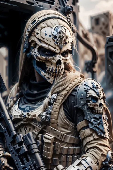 blonde barbie, cute, girly, skull mask, armor, army, holding weapon, thedeathsquad