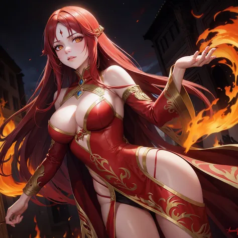 Adult beautiful woman, red long hair,             yellow eyes, glowing eyes, fire, ancient,         controll fire, exotic, mysterious, dance,     
 courtesan clothes