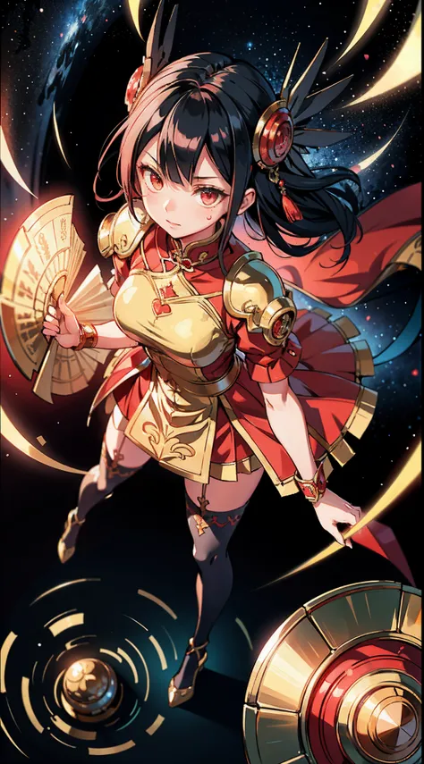 absurd res, hight resolution, (masutepiece:1.4), Ultra-detailed, 1girl in, From  above, spaces, floating, Chinese dress, Red dress, Stockings, Black hair, Golden Eyes